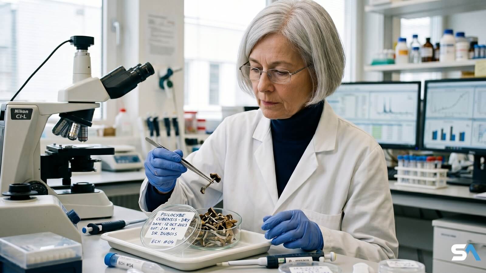 Une chercheuse prélève un champignon séché dans une boîte de Petri en laboratoire