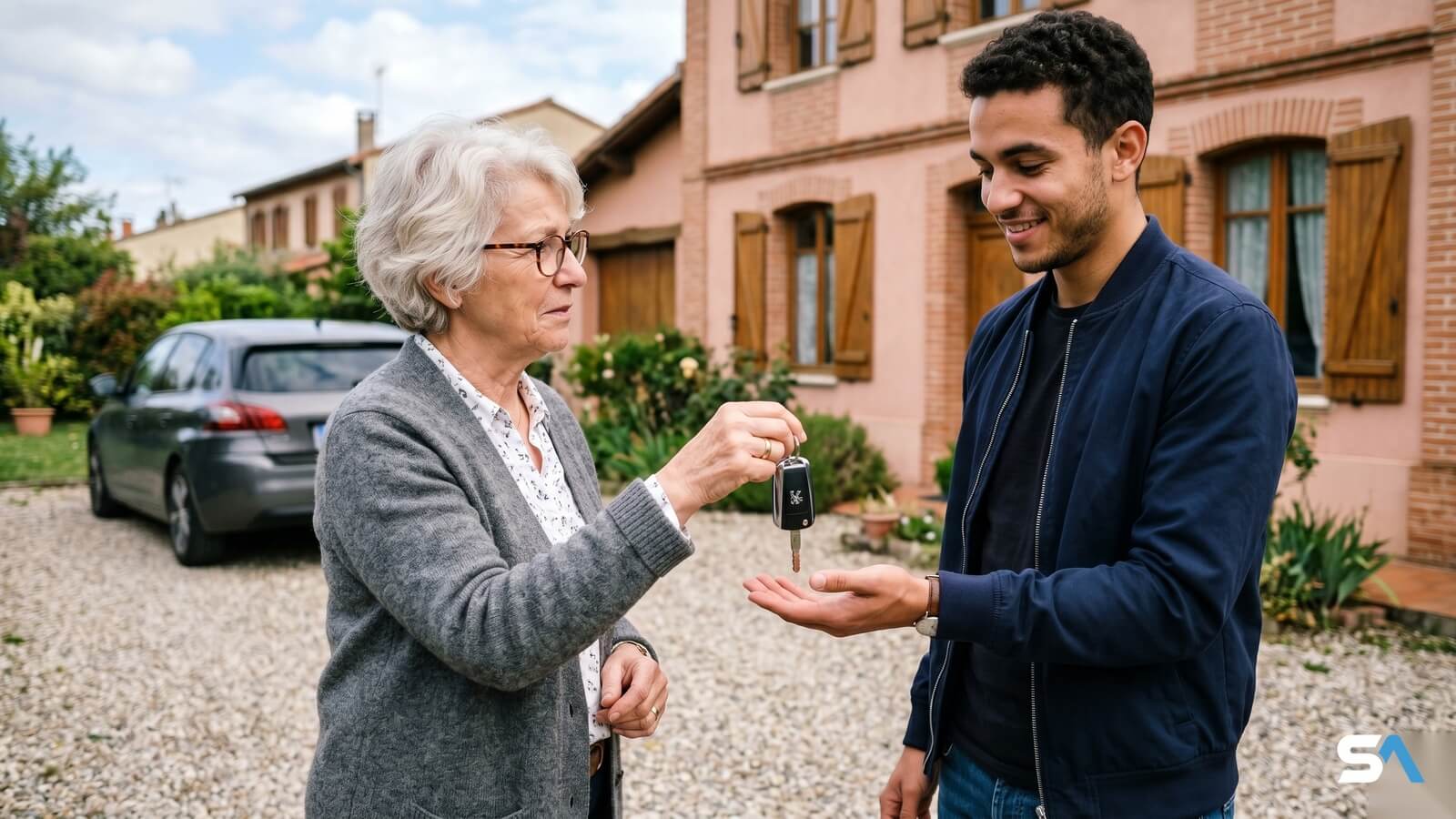 Une grand-mère retraitée tend ses clés de voiture à son petit-fils