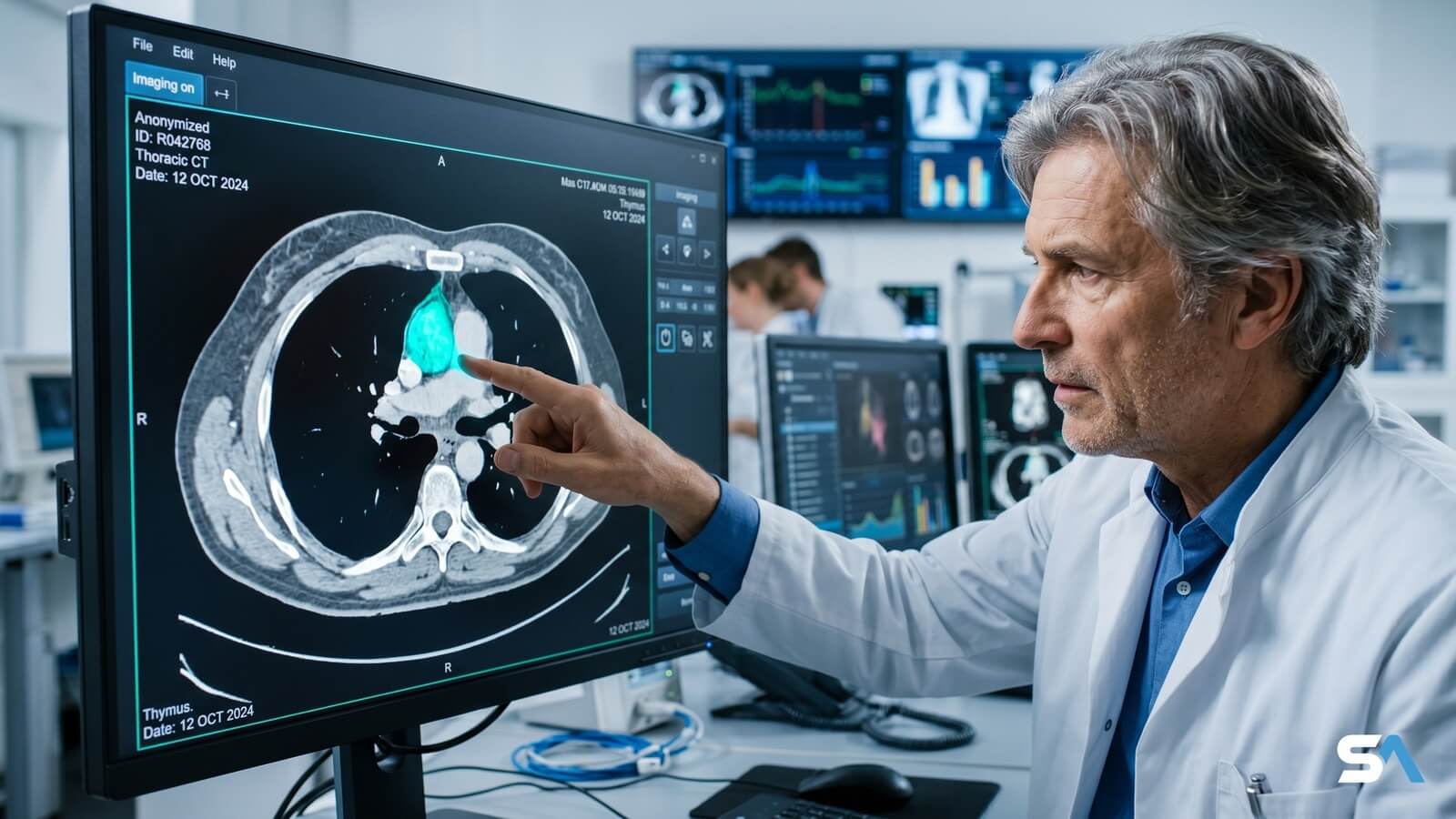 Ce chercheur pointe un scanner thoracique montrant le thymus