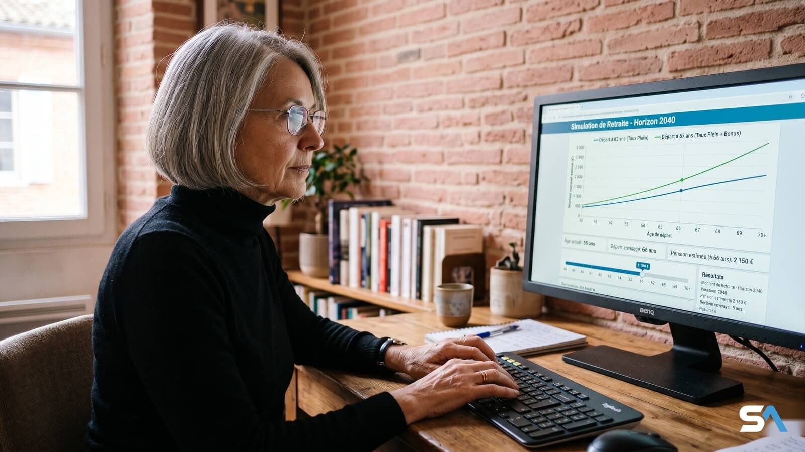 Une retraitée consulte un simulateur de pension sur son ordinateur
