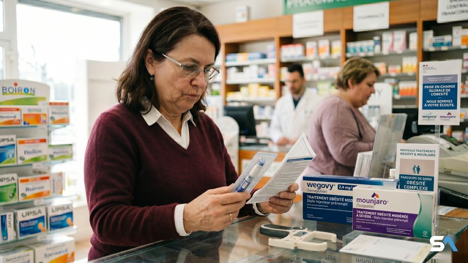 Patiente reçoit un stylo injecteur anti-obésité en pharmacie