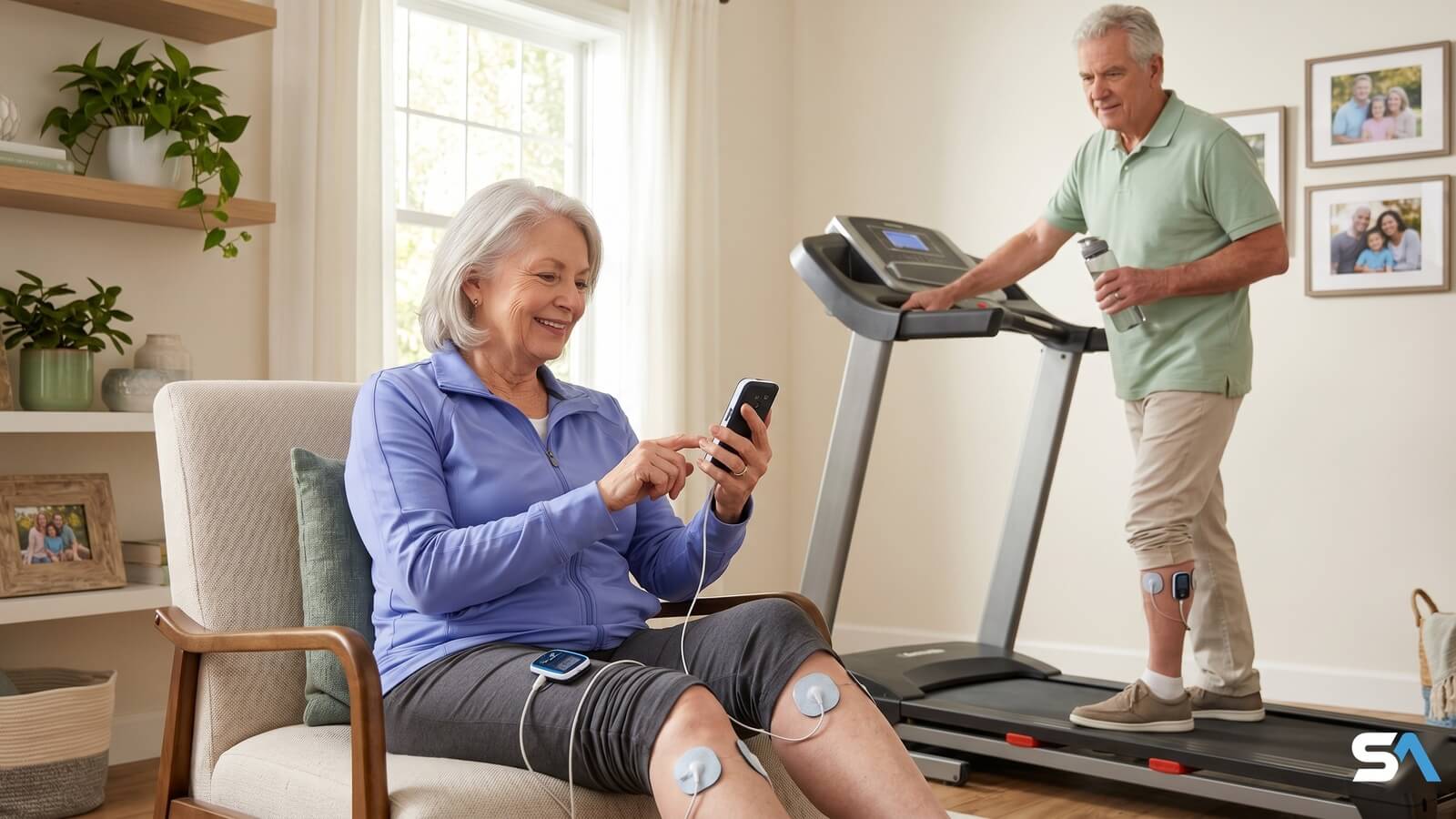 Un couple de seniors utilise des appareils d'électrostimulation musculaire à domicile pour entretenir leur mobilité.