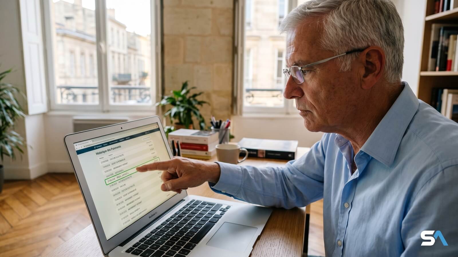 Retraité pointe une ligne de régularisation sur son écran de paiements Agirc-Arrco