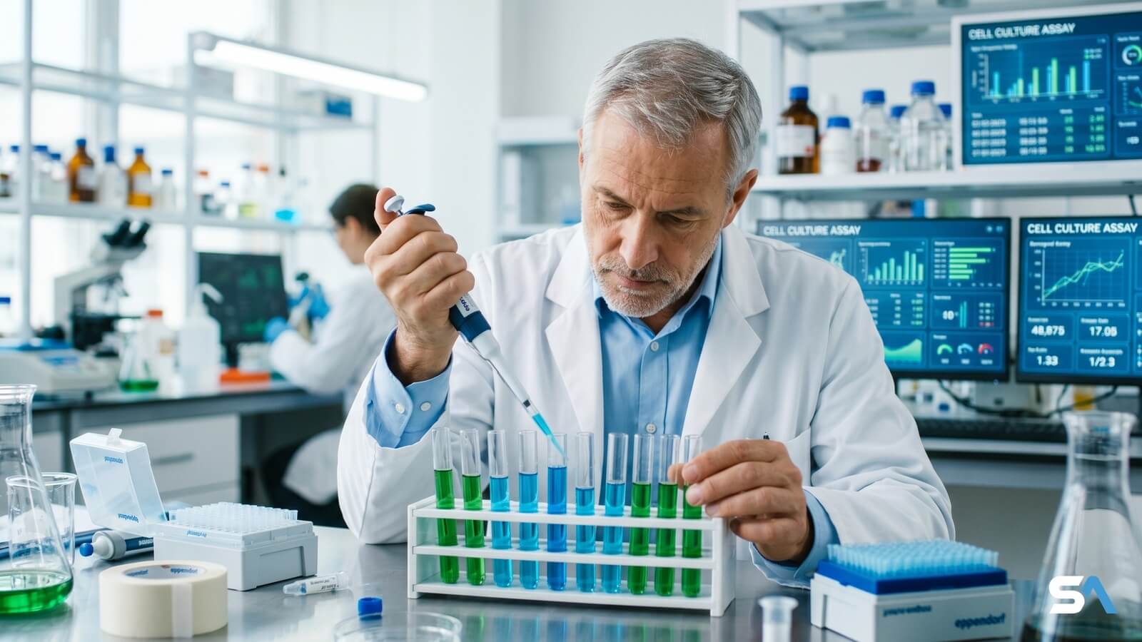 Chercheur prélève un liquide à la pipette dans un laboratoire de neurosciences
