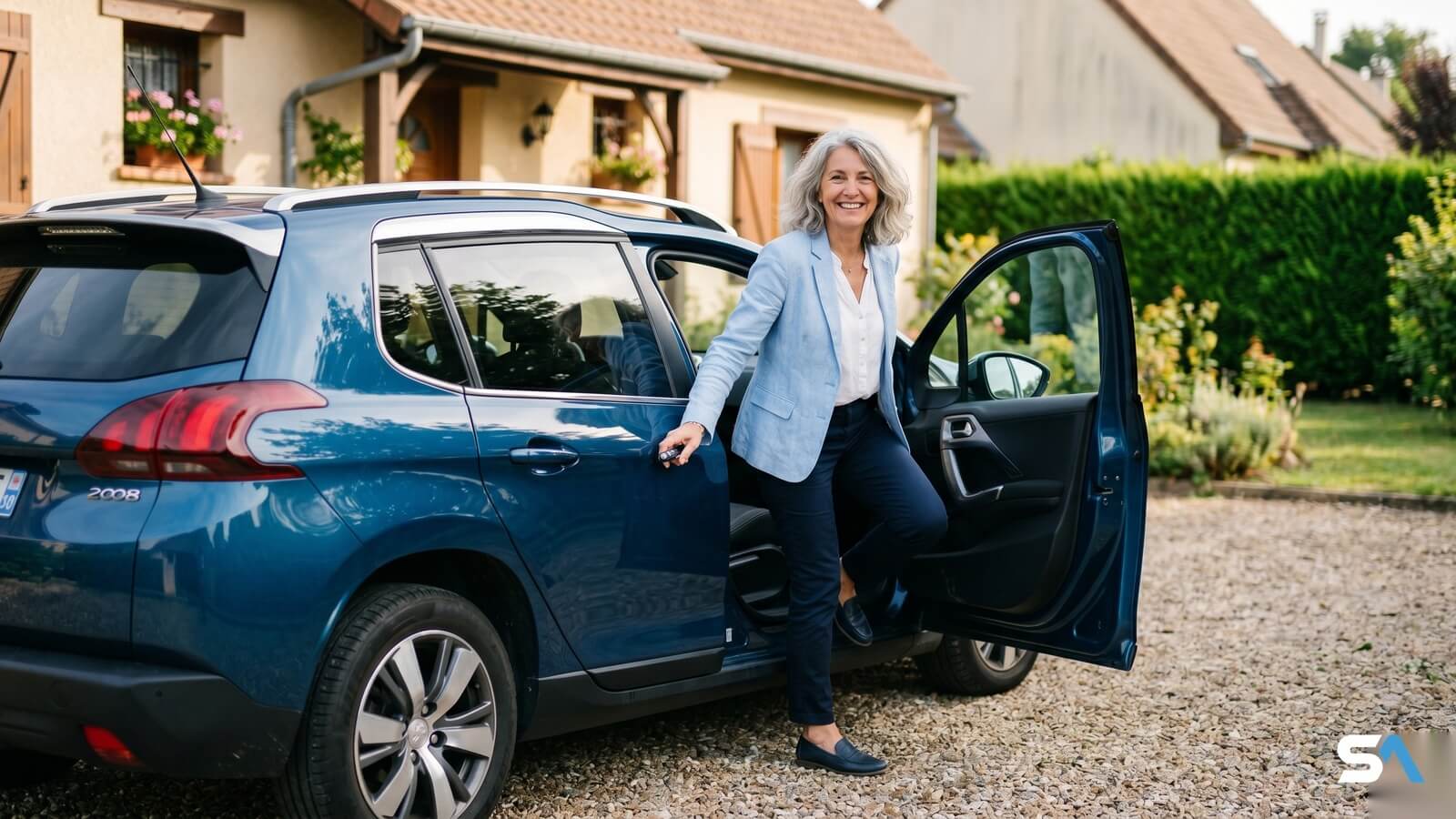 Un femme senior ouvre la portière d'un SUV compact sur une allée pavillonnaire