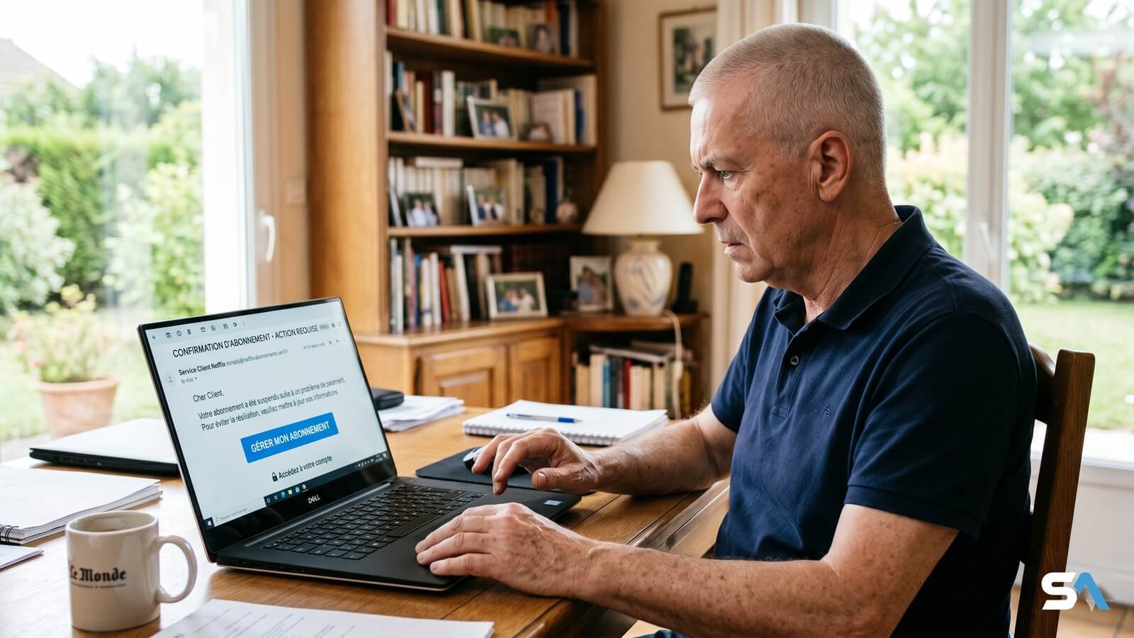 Un retraité recule devant un mail suspect affiché sur son écran d'ordinateur