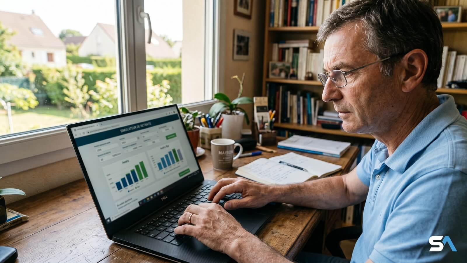 Un senior tape sur son ordinateur devant un simulateur de retraite
