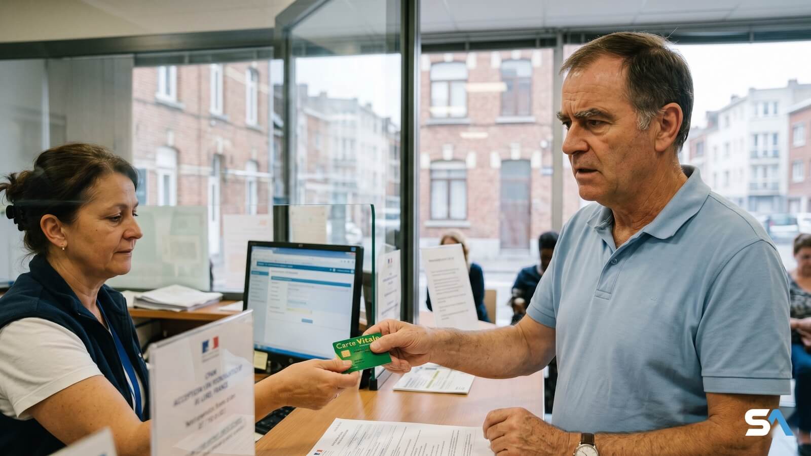 Un retraité tend sa carte Vitale au guichet d'une agence CPAM.