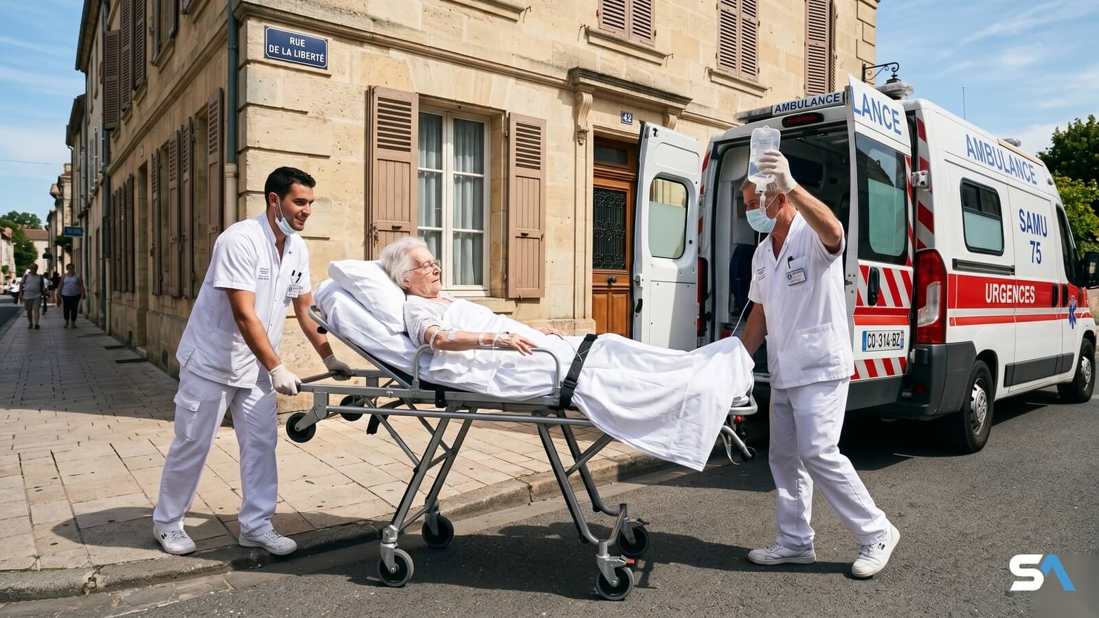 Une personne âgée en forte déshydratation évacuée en brancard devant un immeuble