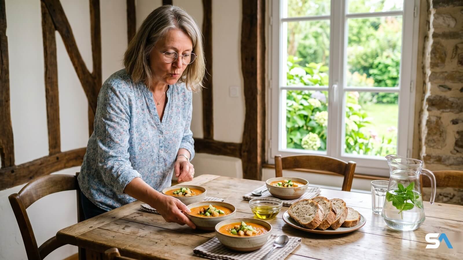 Une retraitée qui dispose des bols de gaspacho sur sa table