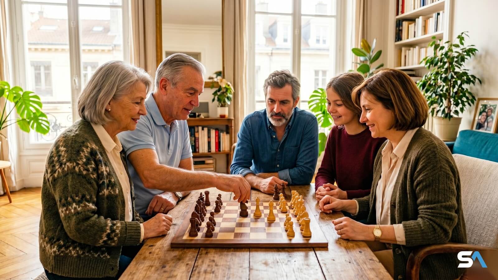 Un couple de retraités joue aux échecs avec sa petue aux échecs avec leurs enfants et leur petite-filleite-fille