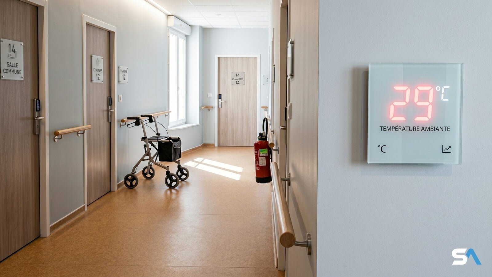 Un thermomètre à 29 degrés dans un couloir d'Ehpad vide