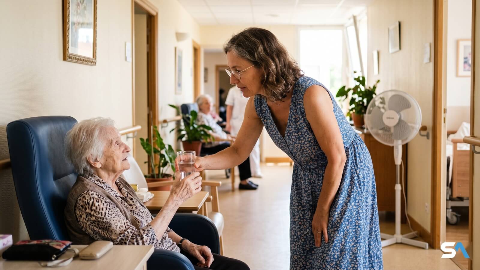 Une femme tend un verre d'eau à sa mère dans le couloir d'un Ehpad avec un ventilateur sur pied