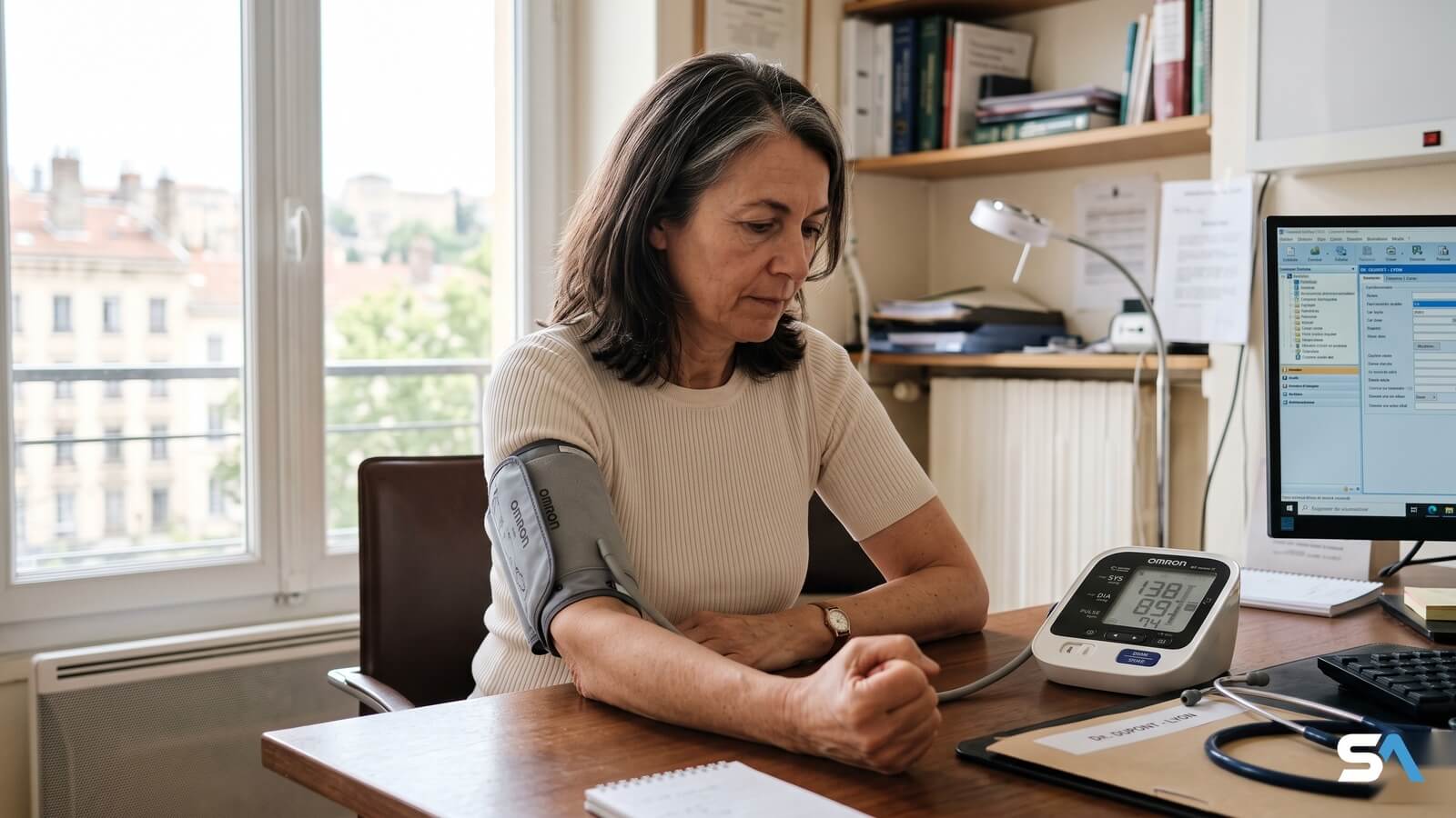 Une patiente mesure sa tension lors d'un bilan ménopause