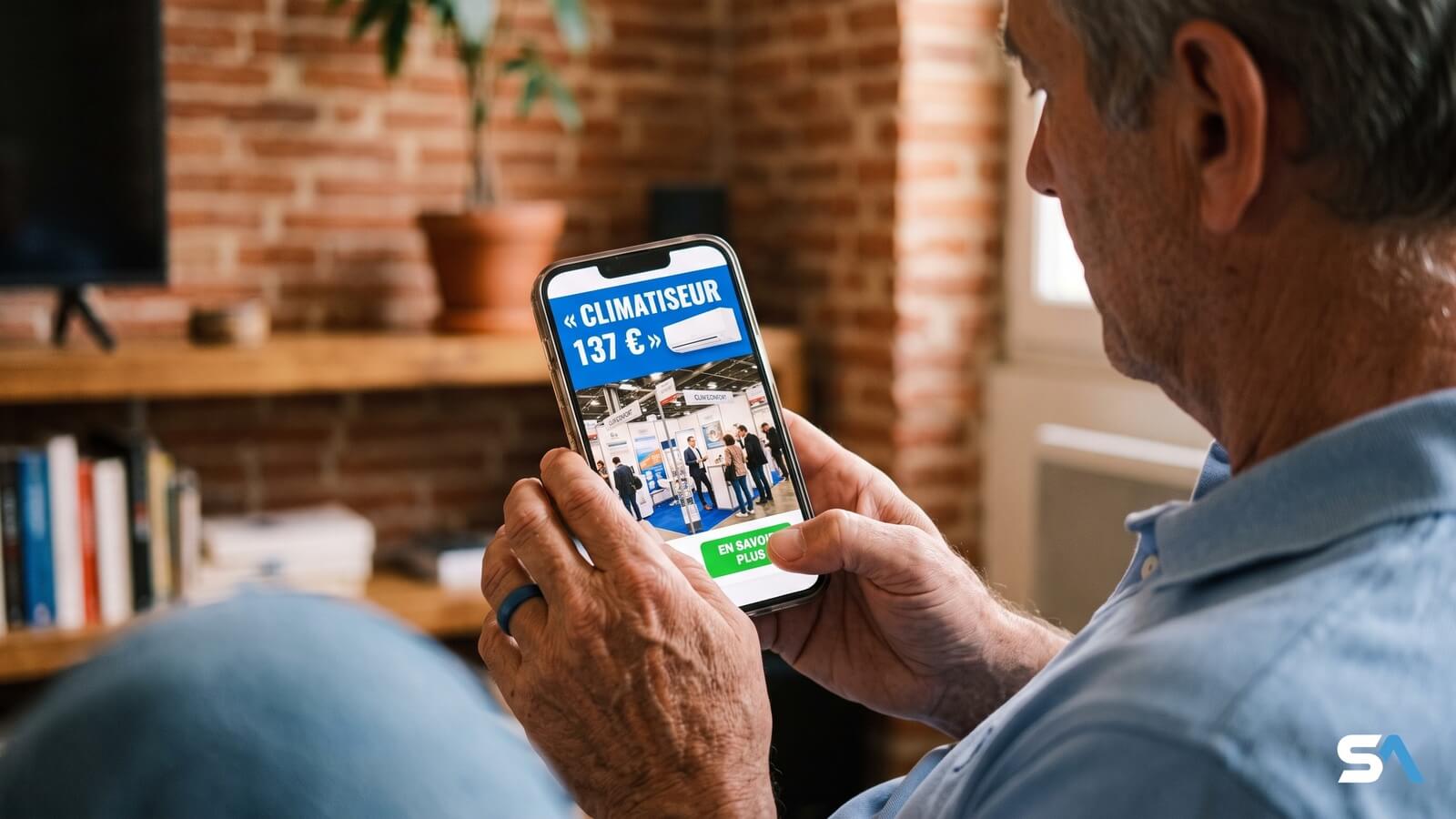 Un smartphone affiche une publicité frauduleuse pour un faux climatiseur