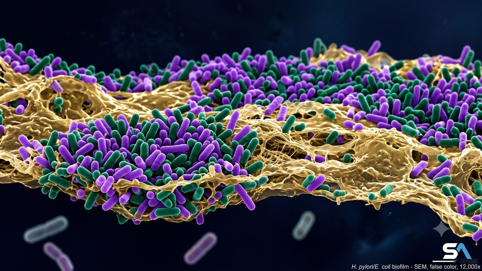 Une microscopie colorisée de bactéries intestinales violet et vert émeraude