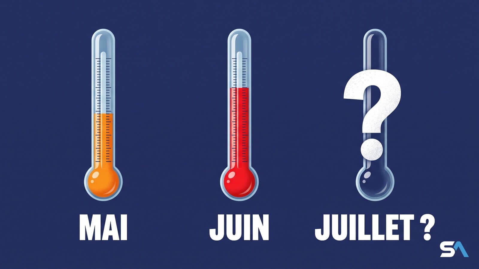 Trois thermomètres mai juin juillet symbolisant la crise climatique de l'été 2026
