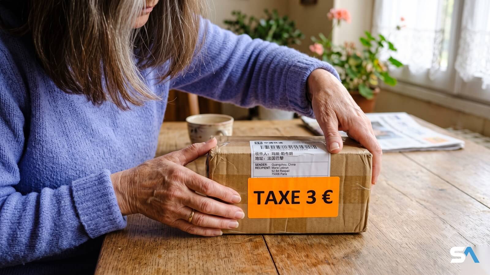 Une retraitée soulève un petit colis chinois portant un autocollant de taxe douanière - Image générée par IA