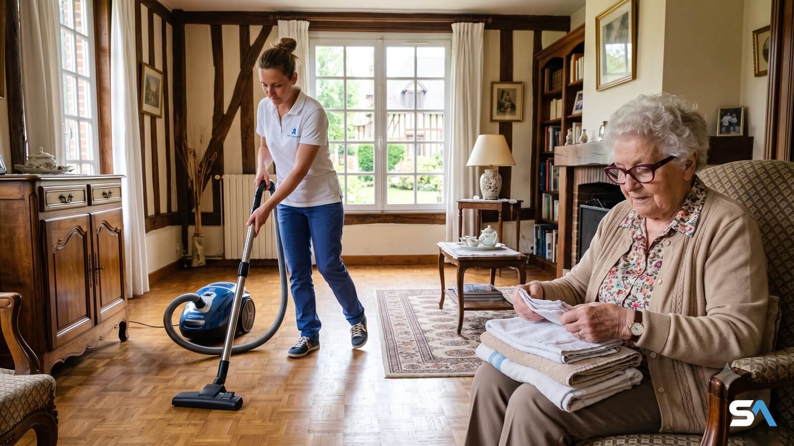 Une aide à domicile passe l'aspirateur dans le salon d'une retraitée