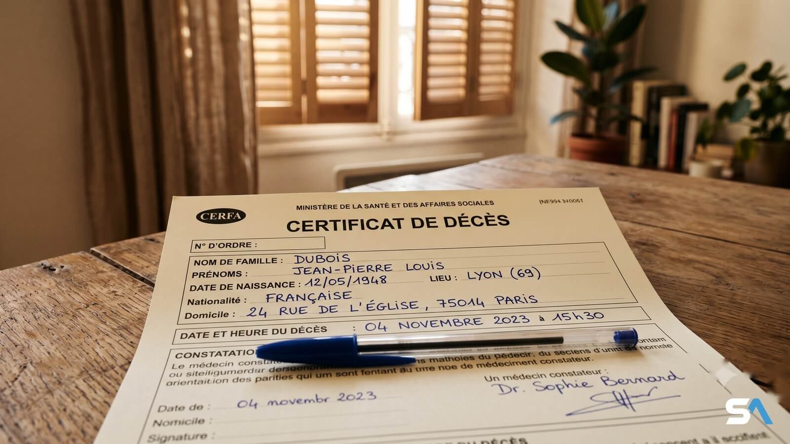 Un certificat de décès papier partiellement rempli au stylo bleu sur une table en bois