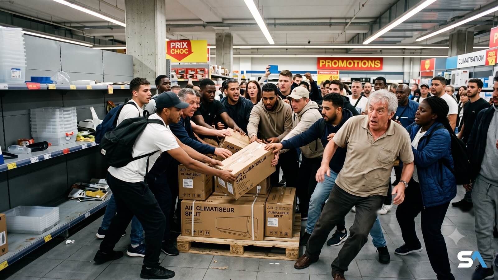 image fictive générée par IA, pour illustrer la cohue générée par l'opération climatiseurs chez Lidl le 02 juillet 2026