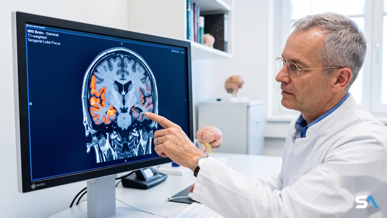 Un neurologue pointe une zone de rétrécissement sur une IRM cérébrale