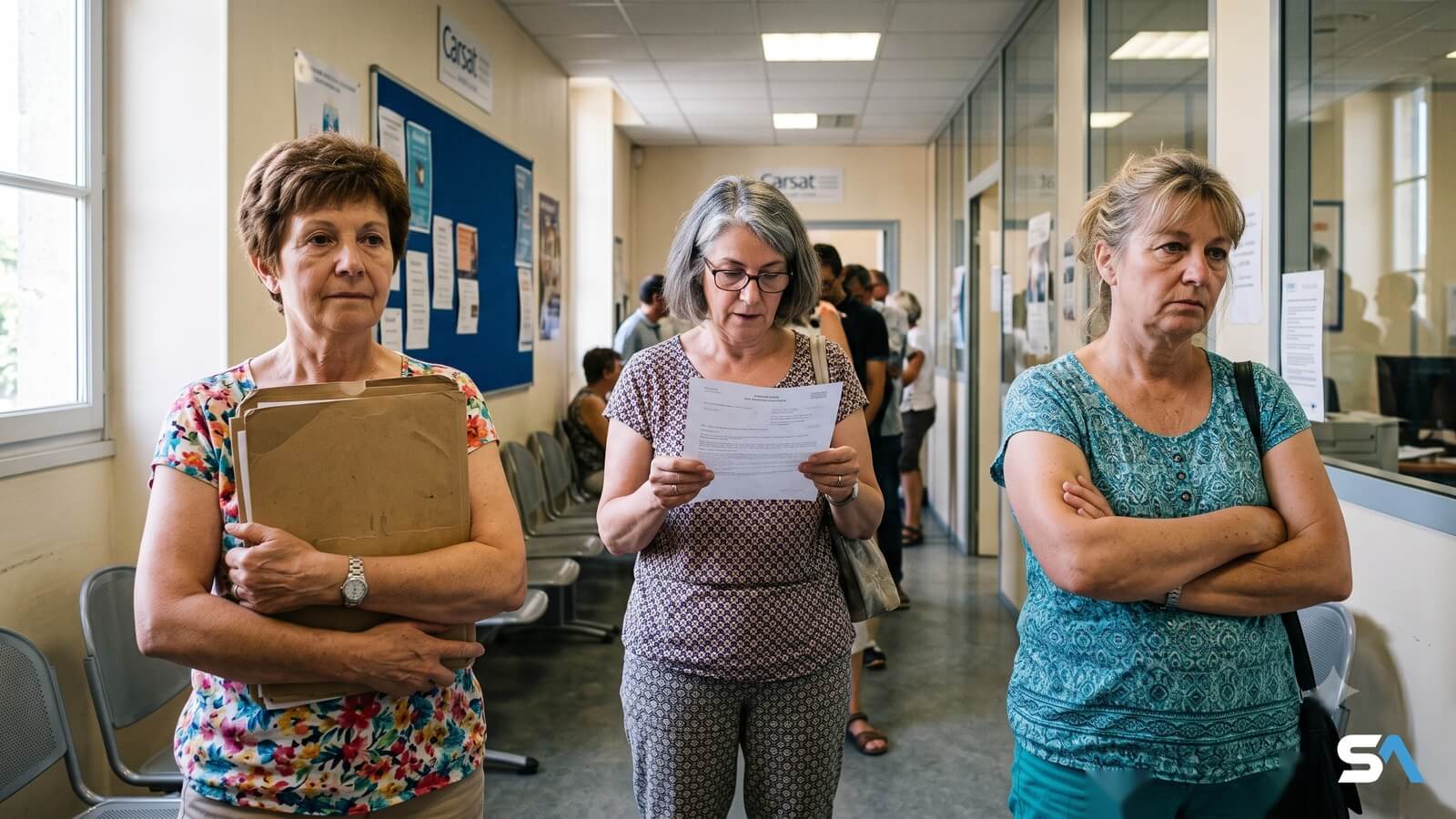 Trois retraitées font la queue dans un couloir d'agence Carsat