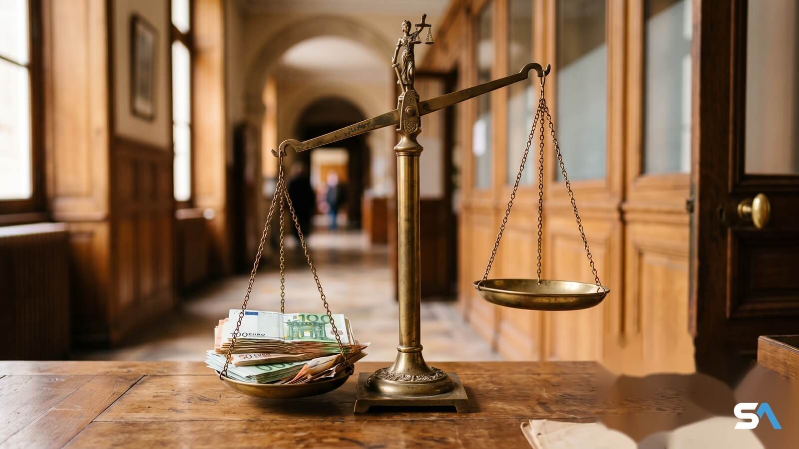 Une balance en laiton avec un plateau chargé de billets et l'autre vide