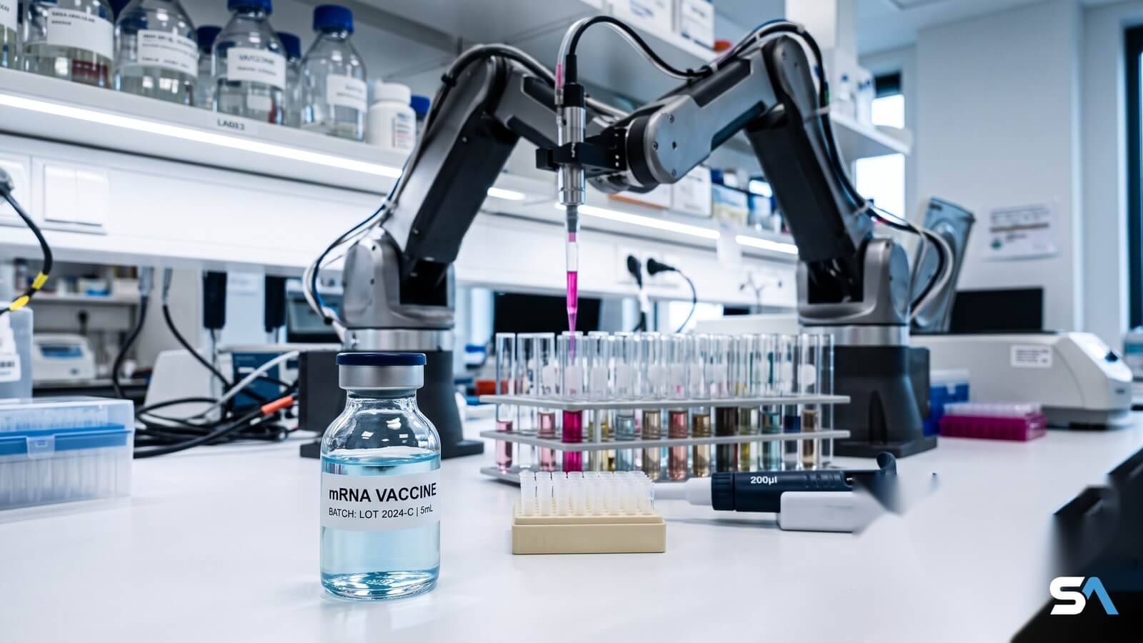 Un flacon de vaccin à ARN messager et un bras robotisé en laboratoire
