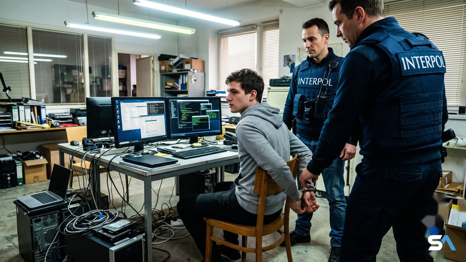 Une arrestation de cybercriminel par des agents Interpol - Image d'illustration générée par IA