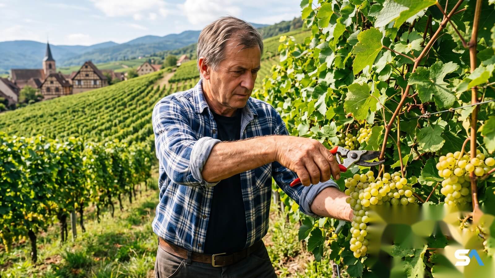Un retraité coupe une grappe de raisin dans un vignoble