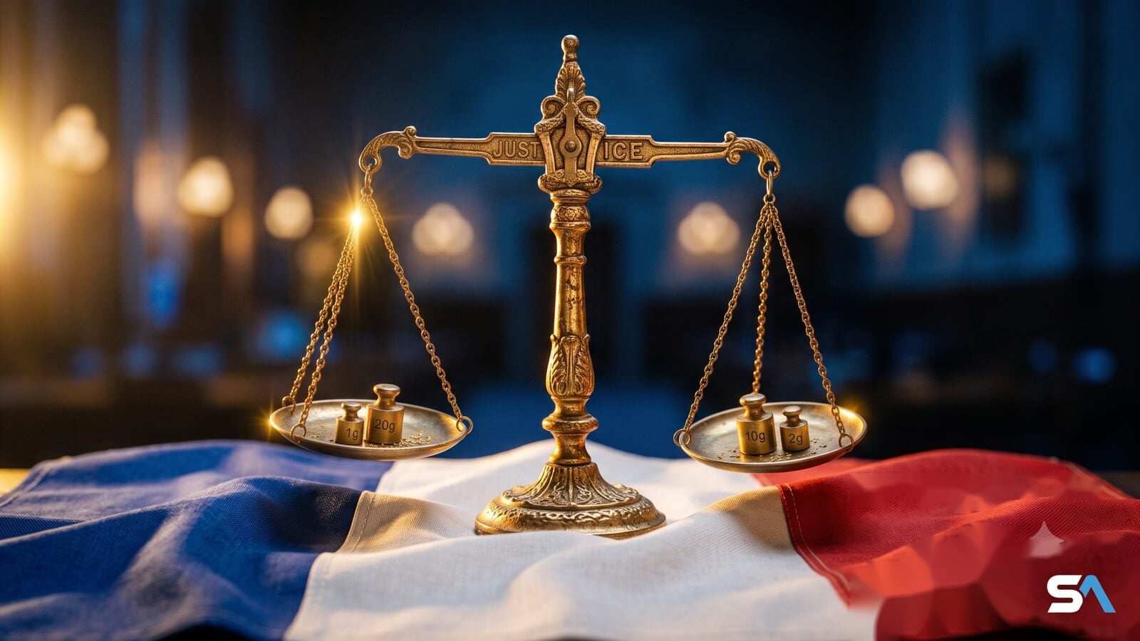 Une balance de la justice dorée sur un drapeau tricolore