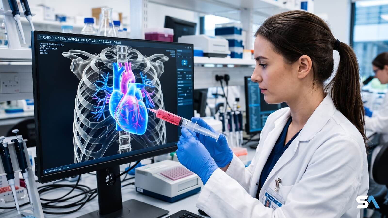Un cœur en imagerie 3D sur écran et une seringue de gel rosé en laboratoire