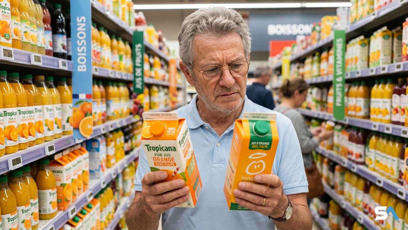 Un retraité compare la composition de deux brique de jus de fruits. Image générée par IA