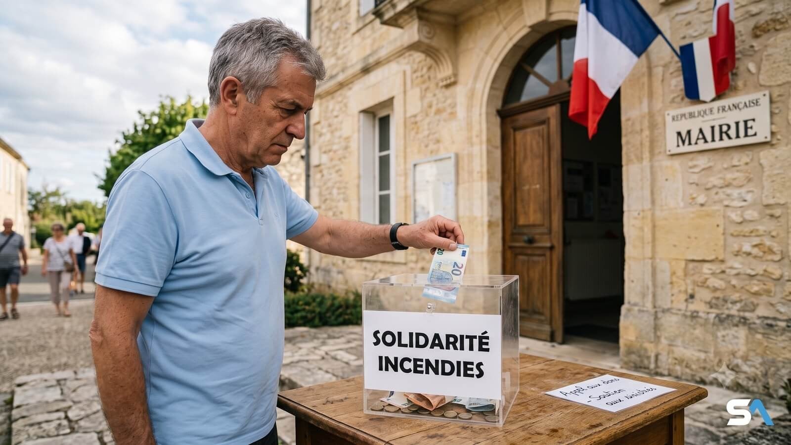 Un retraité glisse un billet dans une urne de collecte devant une mairie - Illustration générée par IA