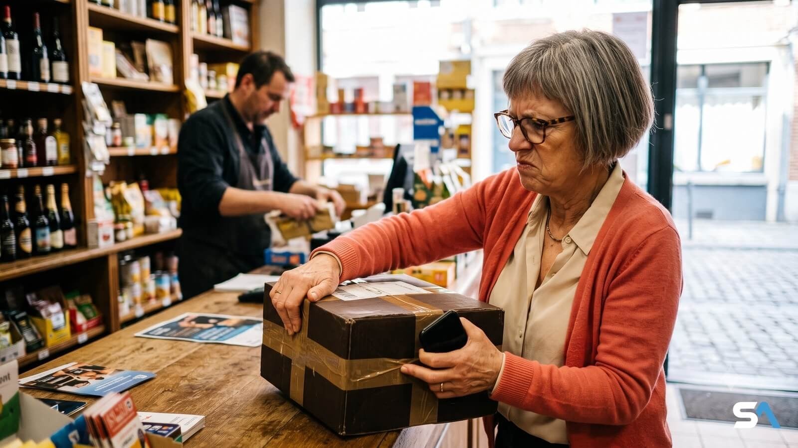 Une cliente sceptique récupère son colis sur le comptoir d'un point relais - Illustration générée par IA