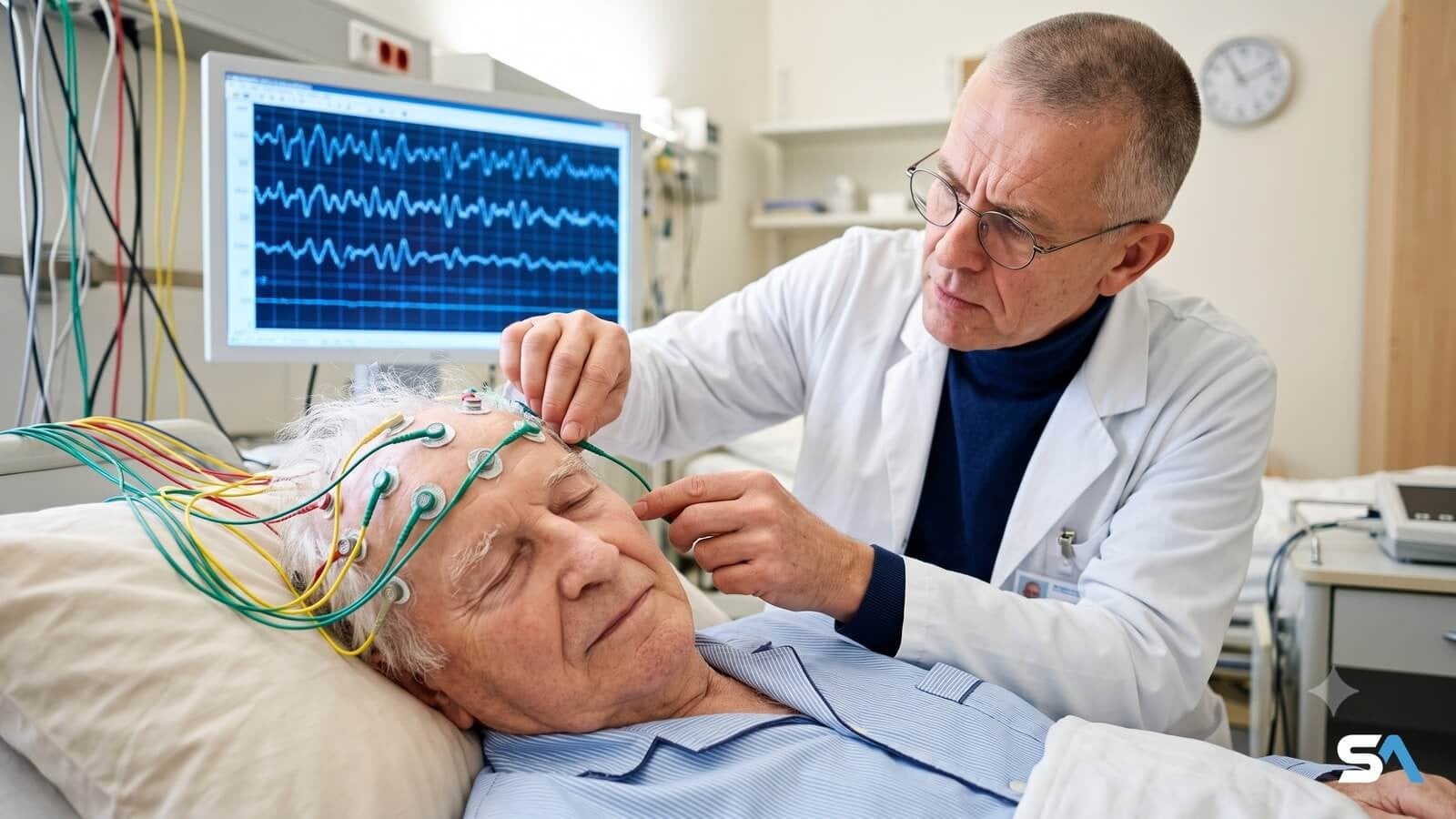 Un infirmier pose une électrode sur le crâne d'un patient très âgé endormi - Illustration générée par IA