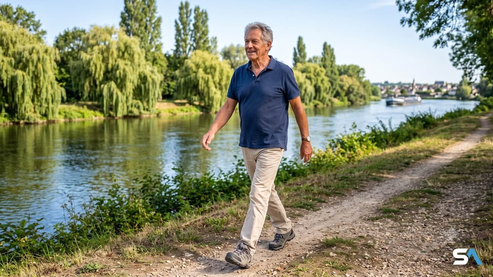 Un marcheur senior avance sur un chemin de halage - Illustration générée par IA