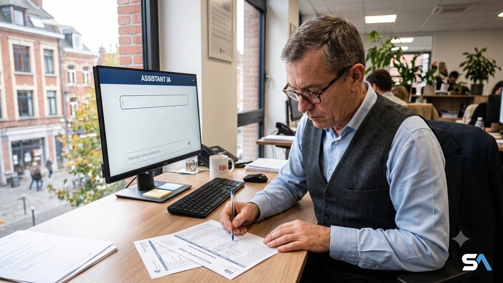 Un salarié recopie des chiffres à la main devant un assistant IA - Illustration générée par IA