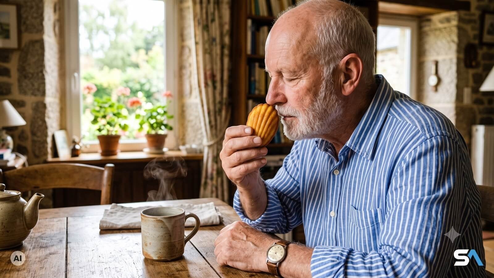 Un senior respirant l'odeur d'une madeleine - Illustration générée par IA