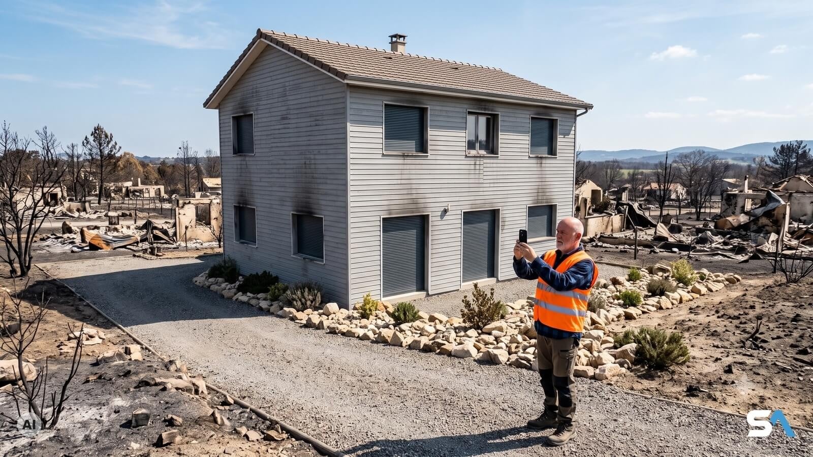Une maison intacte au milieu d'un quartier brûlé - Illustration générée par IA