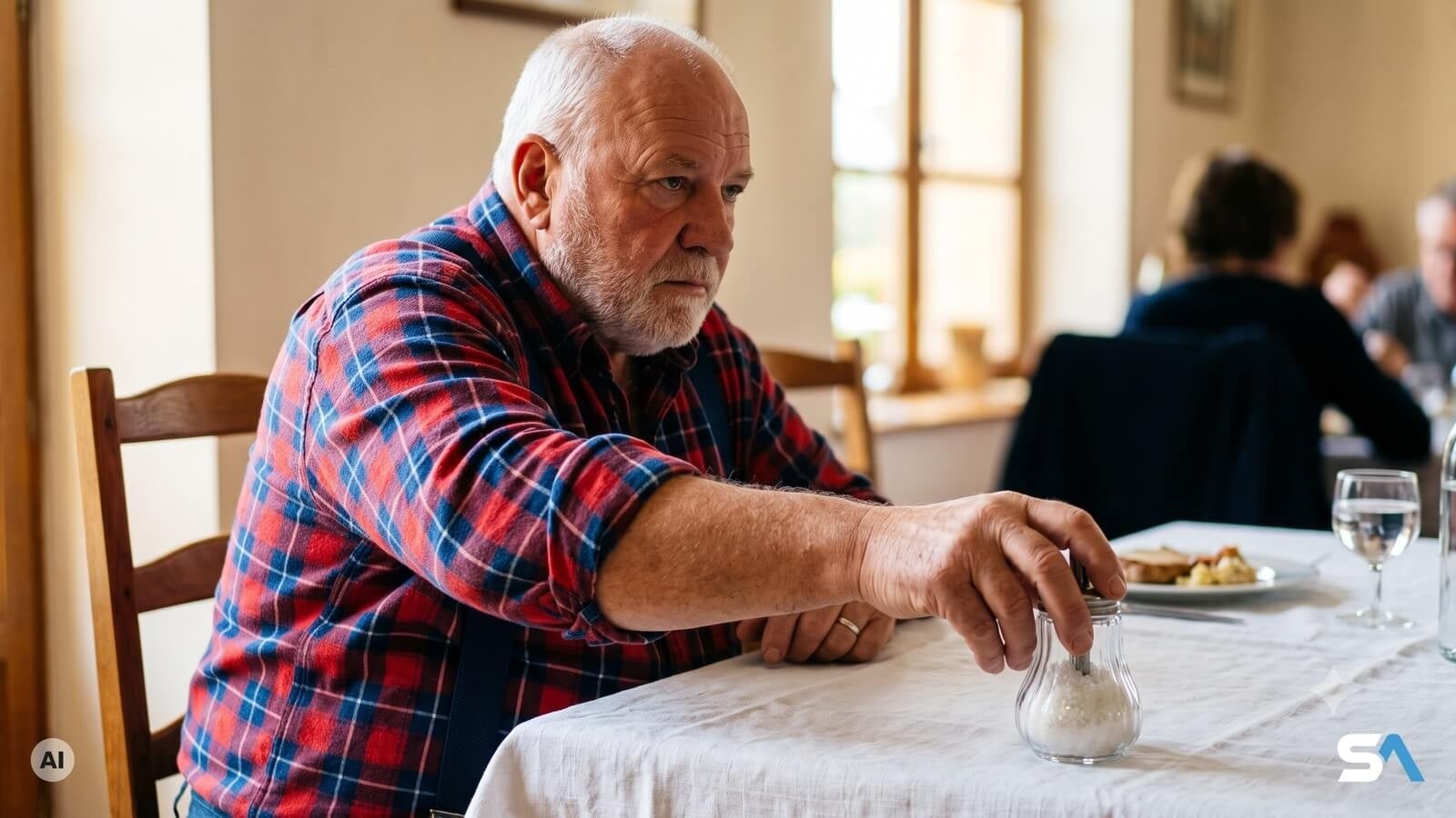 Un senior écarte une salière posée sur la table - Illustration générée par IA