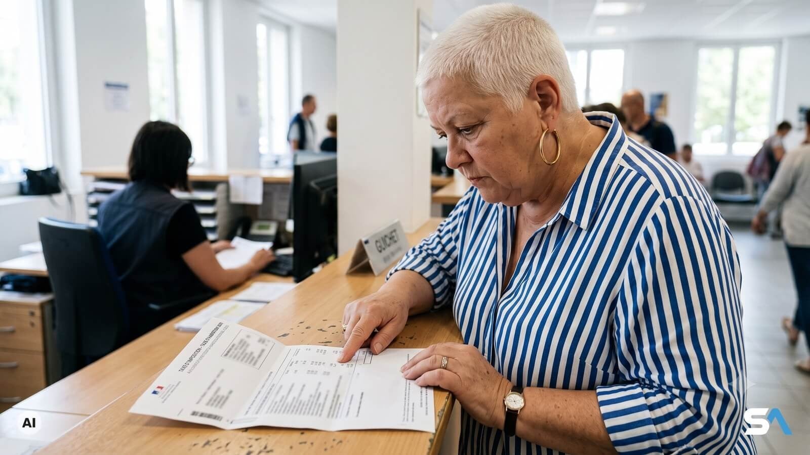 Une retraitée pointe une ligne de son avis de taxe foncière au guichet des impôts - Illustration générée par IA