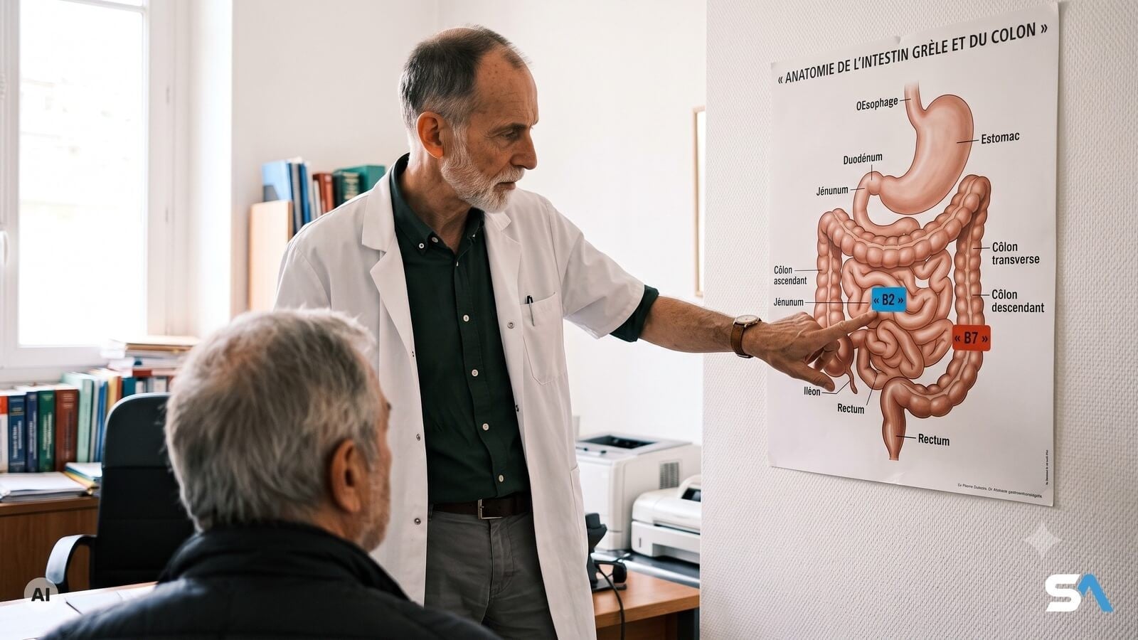Un médecin montre une planche anatomique de l'intestin à un patient - Illustration générée par IA