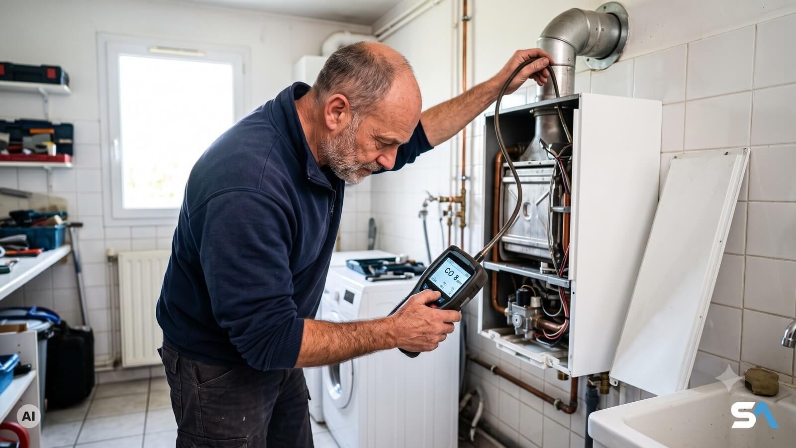 Un chauffagiste mesure le monoxyde de carbone d'une chaudière à gaz - Illustration générée par IA