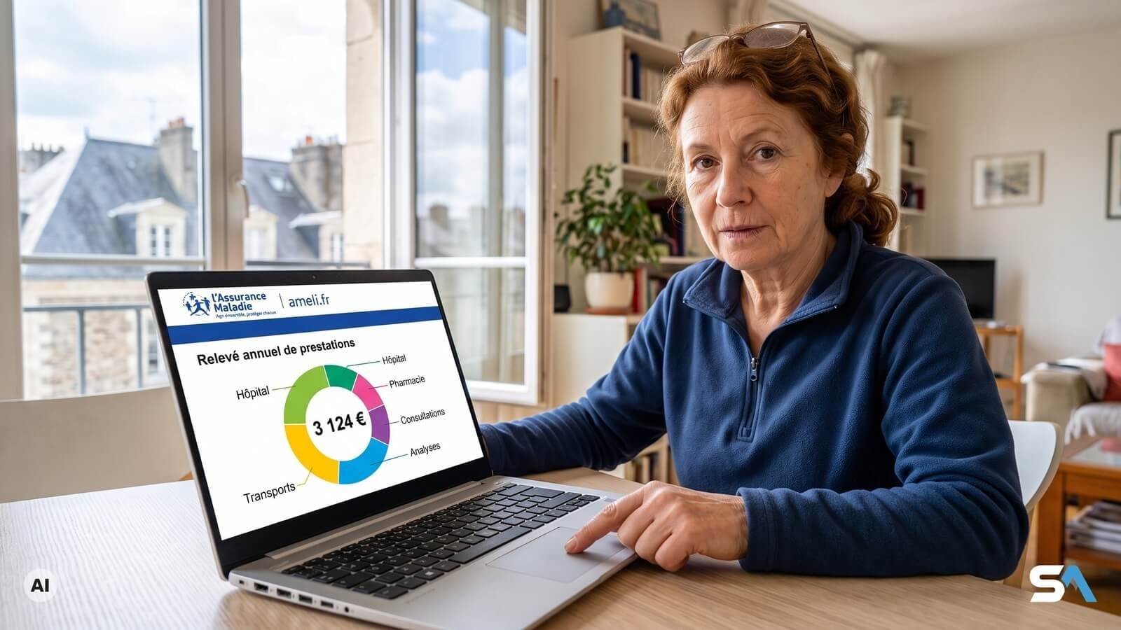 Une retraitée consulte son relevé annuel sur ameli - Illustration générée par IA