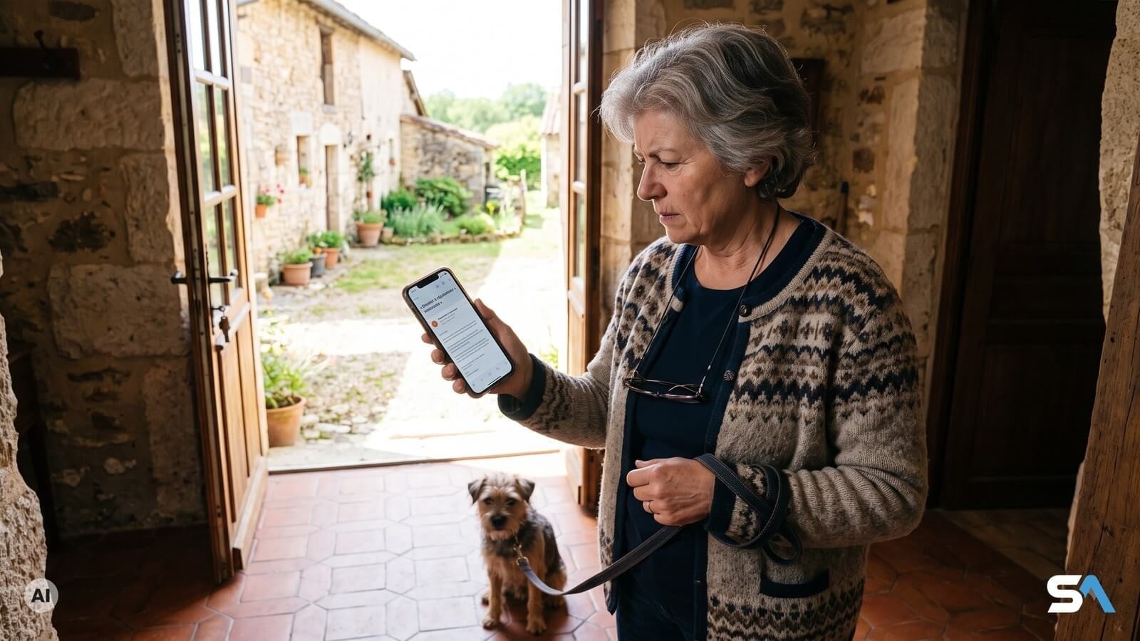 Une femme lit un courriel sur son téléphone, laisse de chien au poignet - Illustration générée par IA