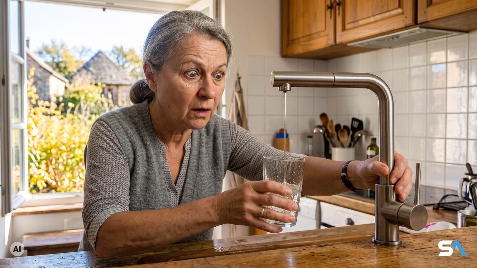 Une retraitée stupéfaite de voir son robinetri ne sortir qu'un mince filet d'eau - Illustration générée par IA