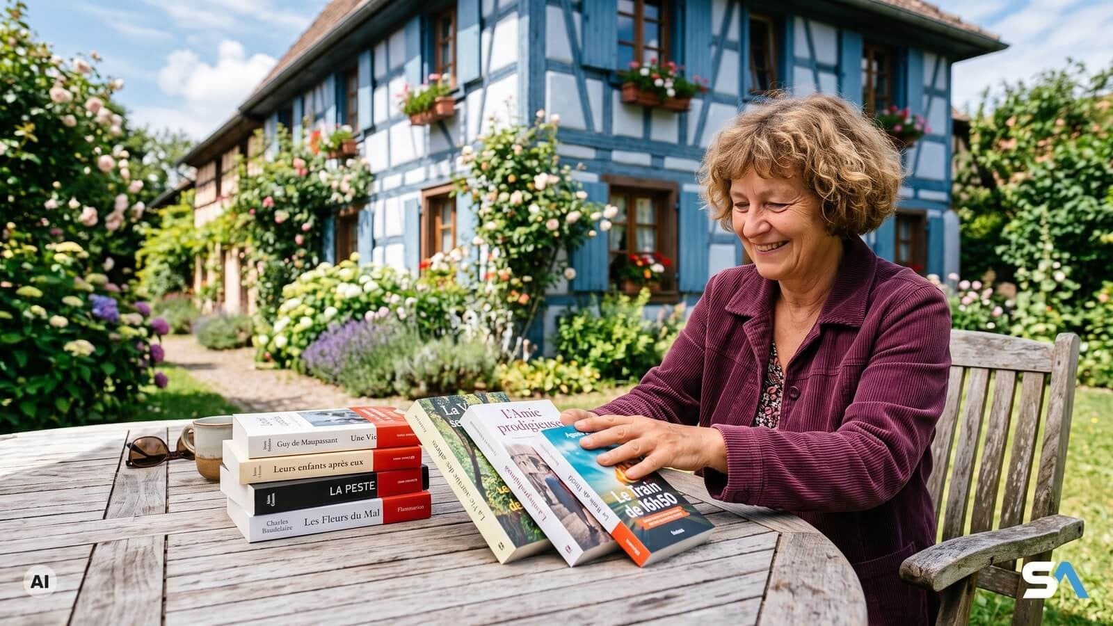 Une femme écarte trois romans d'une pile posée sur une table de jardin - Illustration générée par IA