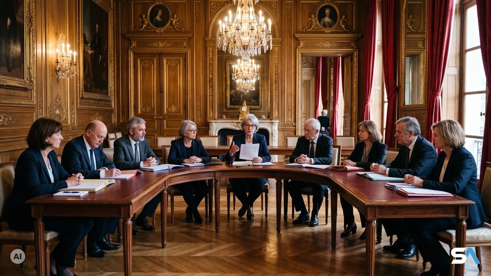 Neuf membres fictifs du conseil constitutionnels délibèrent sur la loi sur l'aide à mourir  - Illustration générée par IA